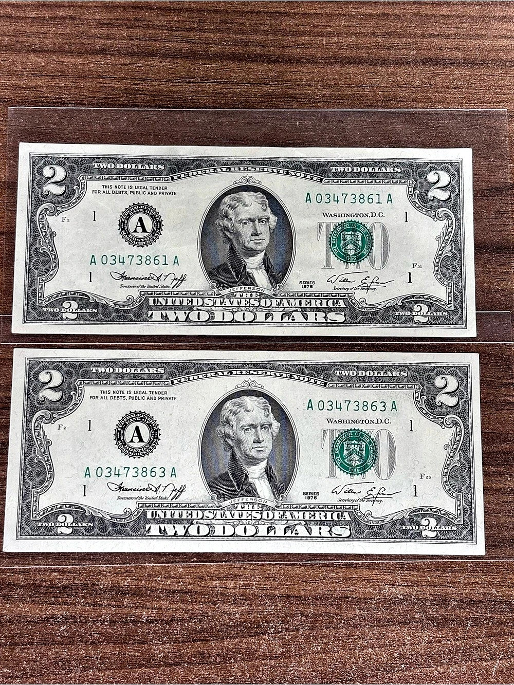 Two $2 1976 Jefferson Two Dollar Bills uncirculated crisp